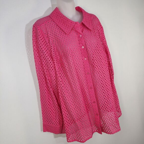 Denim & Co Shirt Womans Size 1X Pink Button Front Eyelet Long Sleeve A288398 - Picture 4 of 9